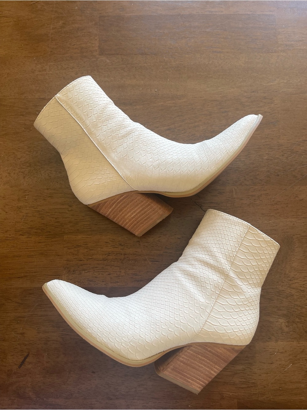 Women's Ivory Textured Ankle Boots with Wood Block Heel
